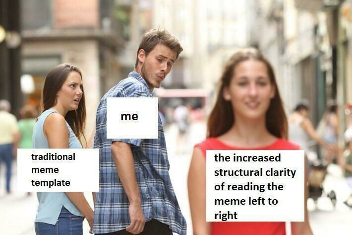 An example of the distracted boyfriend meme, flipped