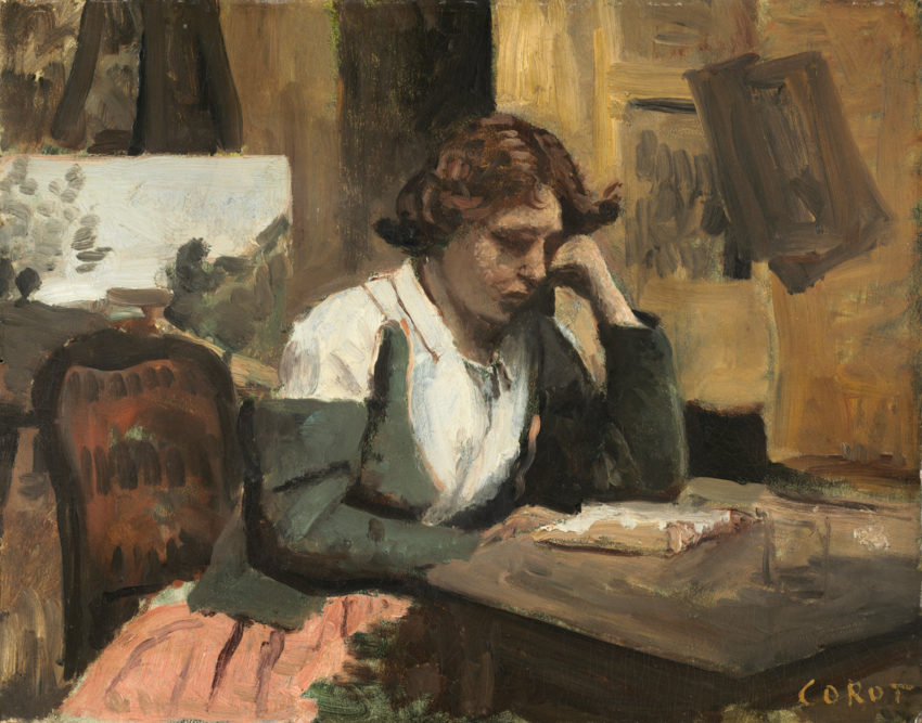 A painting of a woman reading at a table.
