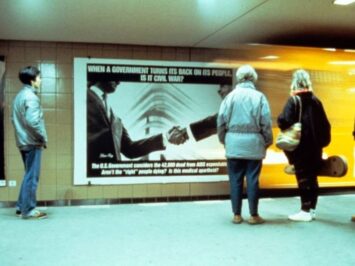 3 people at sign. When a Government Turns Its Back..., 1987-95. Courtesy The New York Public Library Digital Collections, NY.