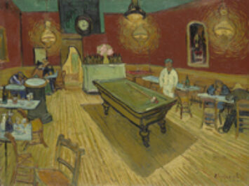 Men play pool in a bar at night. The Night Cafe by Vincent Van Gogh, 1888.