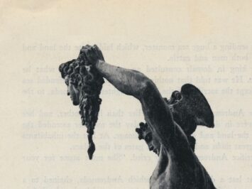 Detail from cover of Bidart's book; classical statue of Perseus holding Medusa's head.