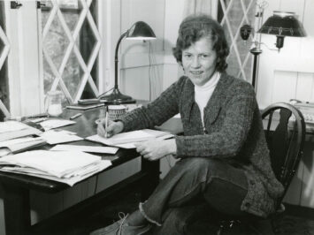 Jean Valentine at her desk