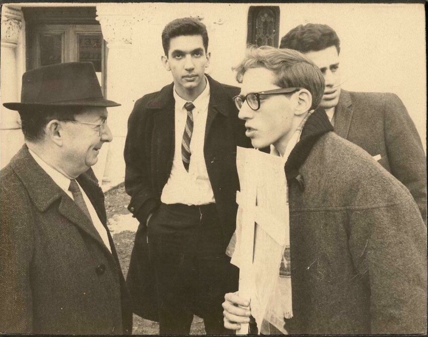 Todd Gitlin speaks with with I.F. Stone at a demonstration against nuclear weapons, Washington D.C., 1962.