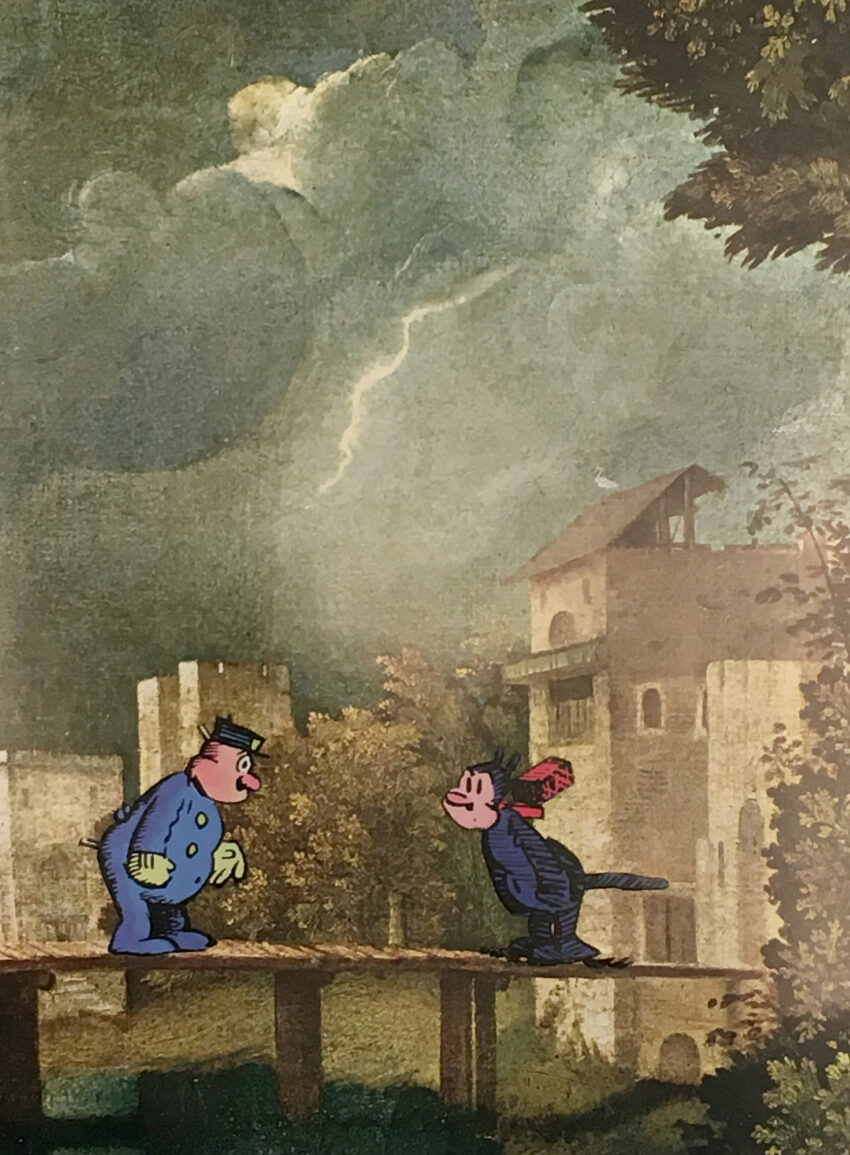 Two cartoon characters superimposed onto painting of a storm.