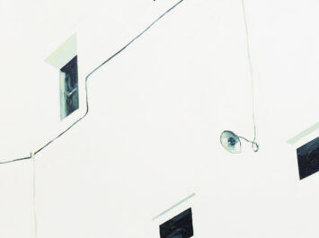 Painting of a building in white with gray windows