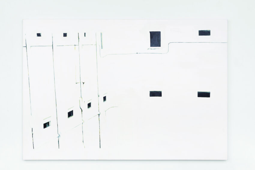 Painting of a building in white with gray windows