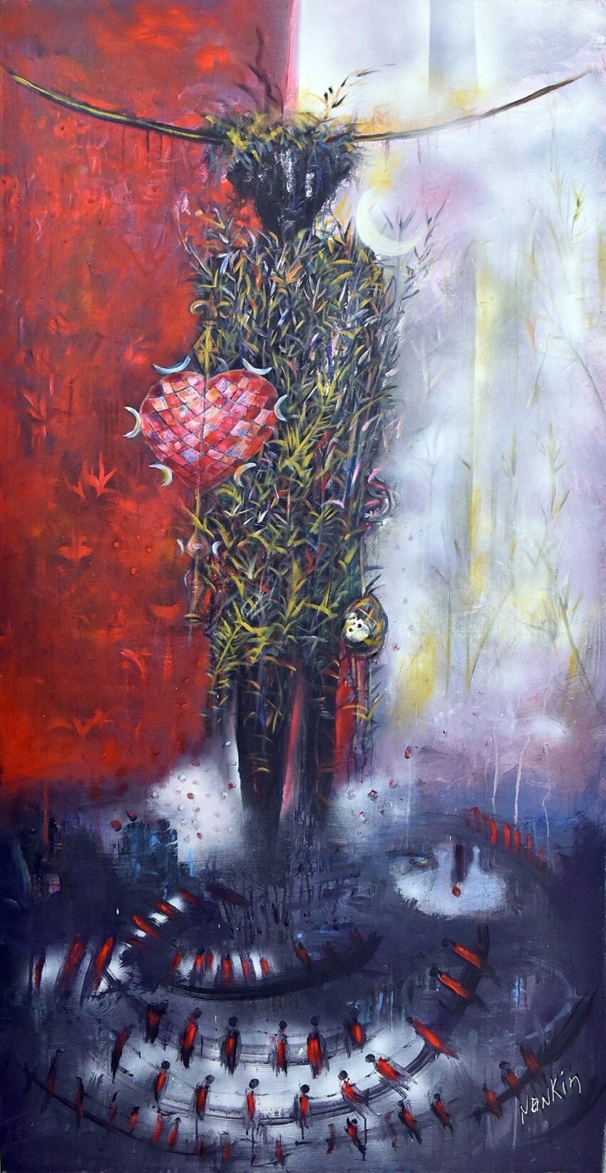 Painting of a dark figure with red, white, and blue in the background.