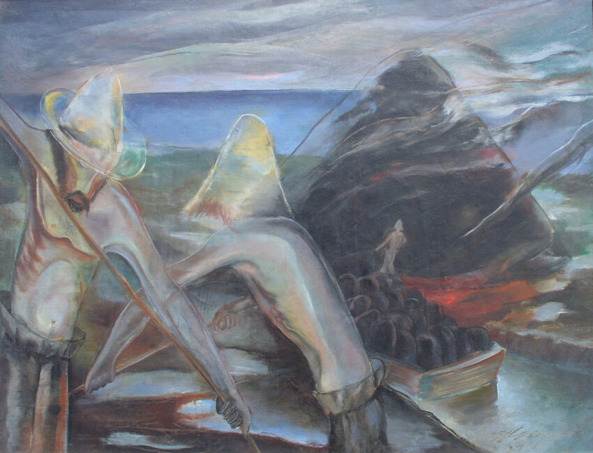 Painting of two men and a coal oven.