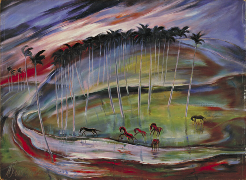 Painting of wild horses running on a multi-colored landscape.