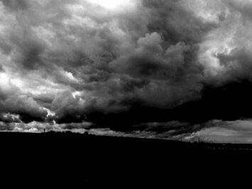 black and white photo of low and heavy clouds