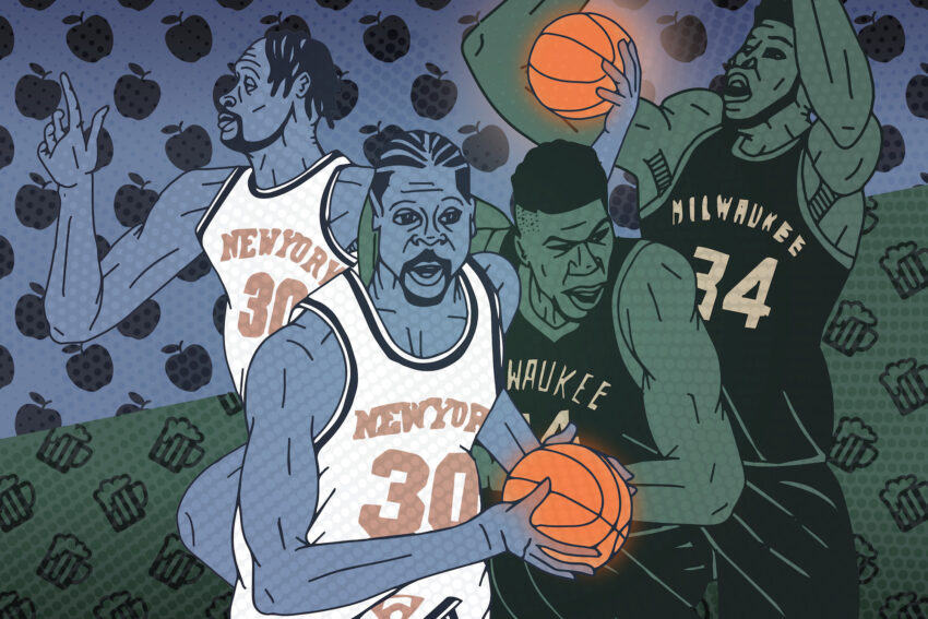 Graphic of basketball players Julius Randle and Giannis Antetokounmpo.