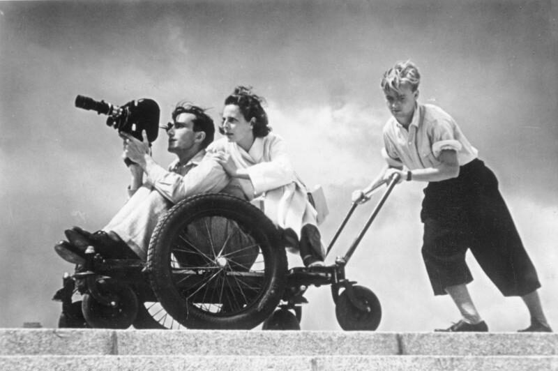 A photograph of Leni Riefenstahl during filming, 1936.