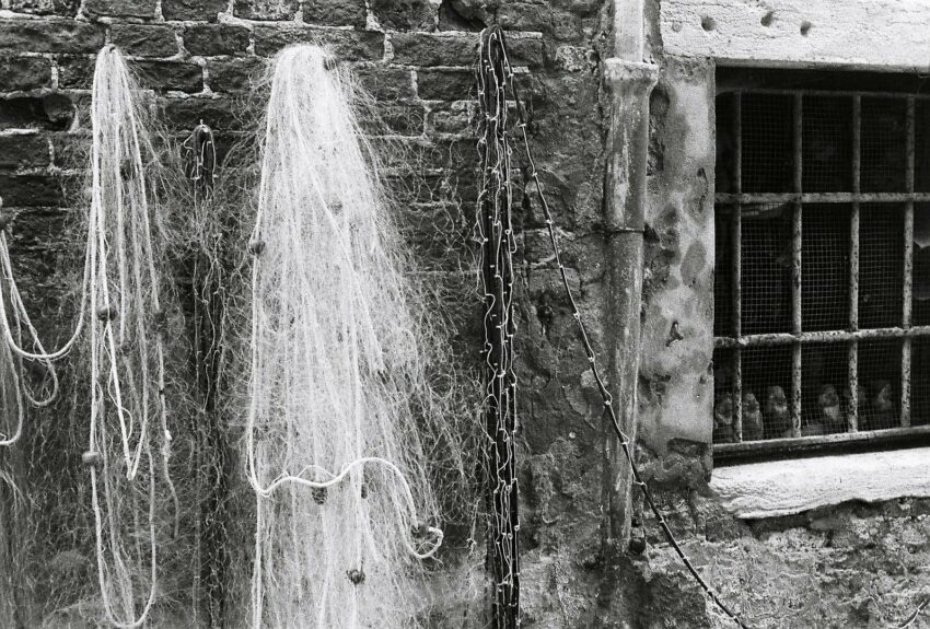 Fish nets hanging on a wall