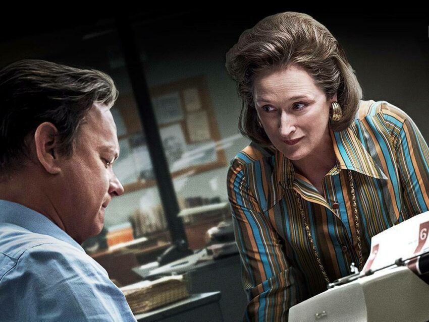 Scene from movie, The Post. Meryl Streep looks at Tom Hanks.