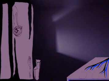 Purple graphic with tree branches reflected on table by Tung Chau