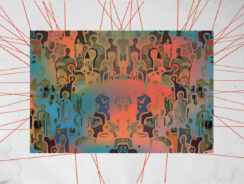 Graphic with red and orange patterns in the shape of a crowd. Illustration by Laura Padilla Castellanos.