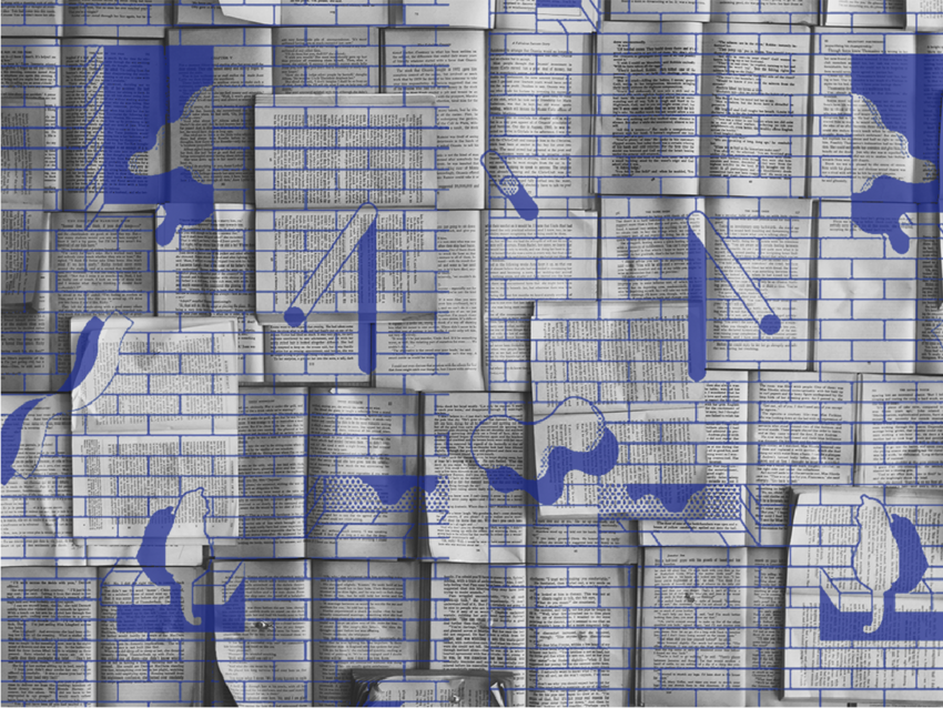 Graphic with book pages and blue designs of windows and cats