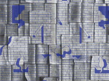 Graphic with book pages and blue designs of windows and cats