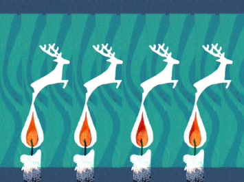 Graphic with four candles morphing into leaping reindeers. Illustration by Laura Padilla Castellanos.