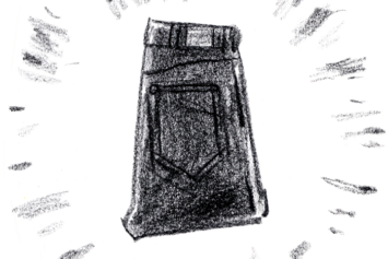 Black-and-white sketch of a folded pair of jeans