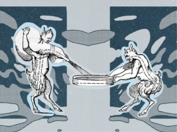 Illustration by Laura Padilla Castellanos. Two satyrs with a blue background.