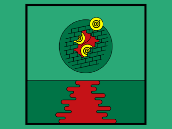 Graphic with a circle filled with targets and a red reflection on water. Illustration by Laura Padilla Castellanos