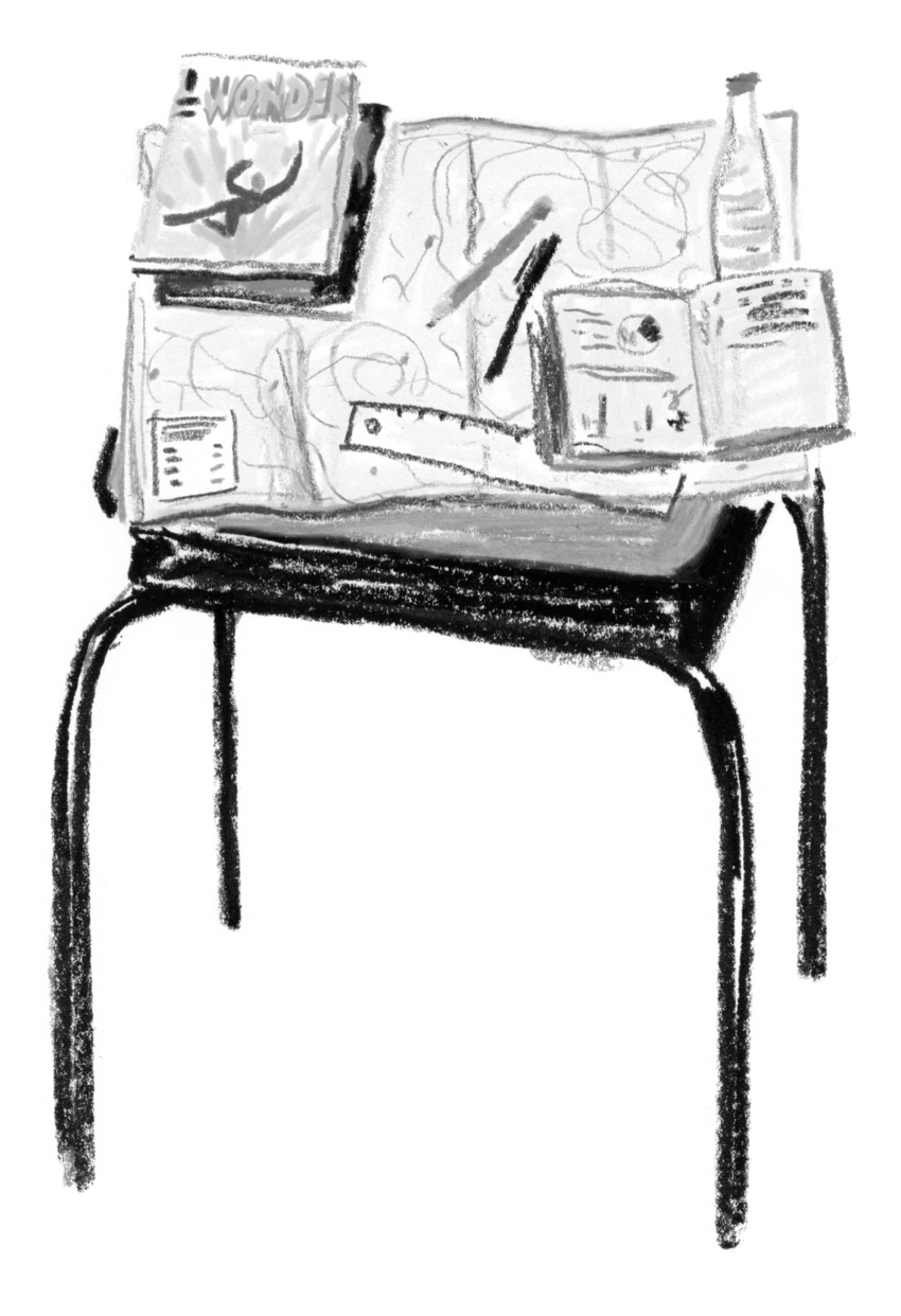 Black-and-white sketch of a schoolgirl’s desk topped with comic books, a map, a pencil, a pen, a ruler, and a bottle of water