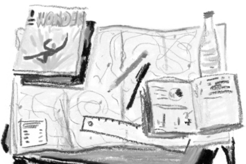Black-and-white sketch of a schoolgirl’s desk topped with comic books, a map, a pencil, a pen, a ruler, and a bottle of water