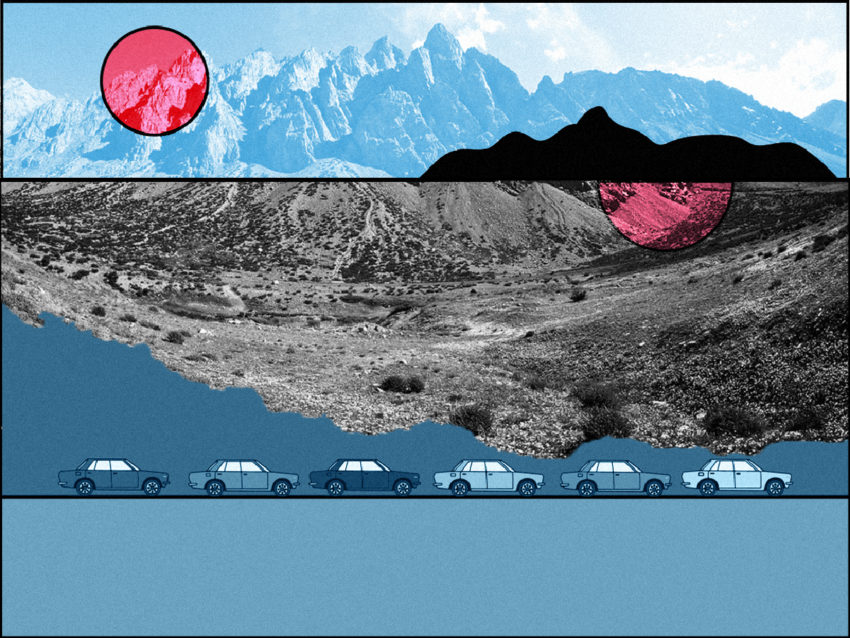 Landscape with blue mountains, a pink sun, and graphic of cars at bottom of frame