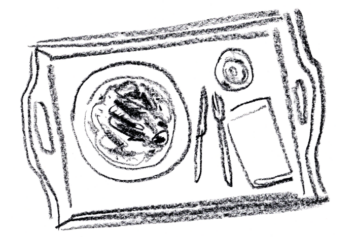 Black-and-white illustration of a tray of food