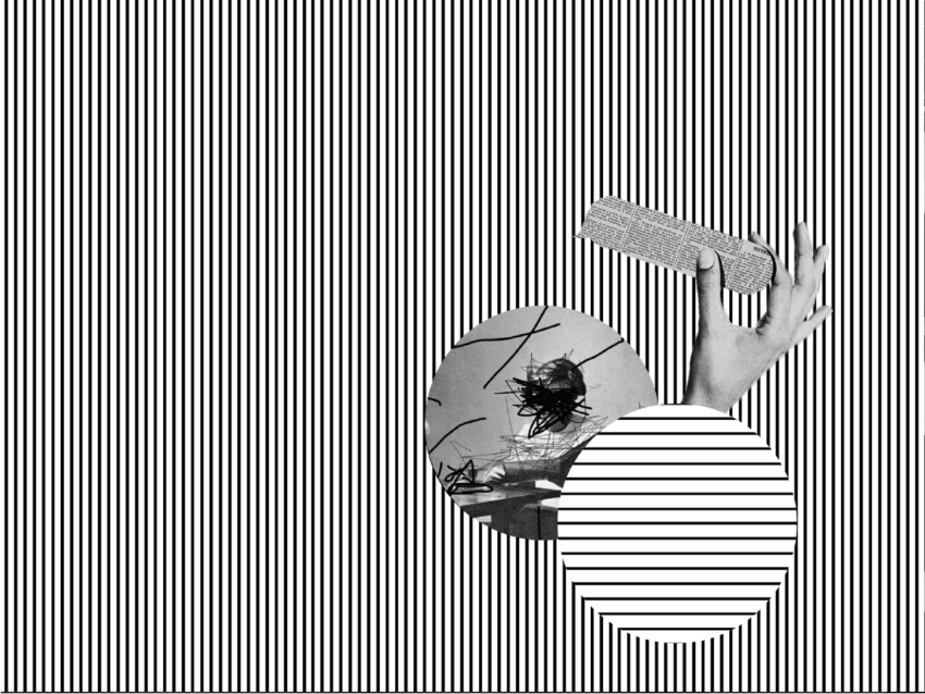 Black and white striped background with hand holding a shape with text on it.