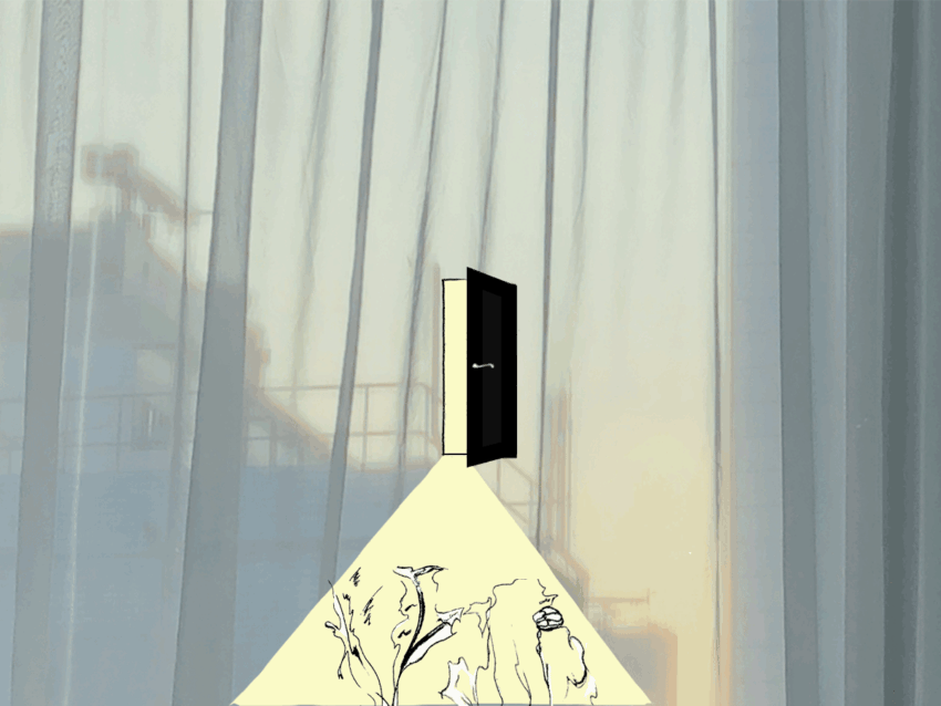 Graphic with open door and sheer curtains by Tung Chau.