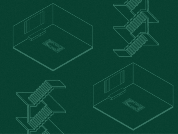 Graphic with outline of living room with a prayer rug and stairs on either side. Illustration by Laura Padilla Castellanos.