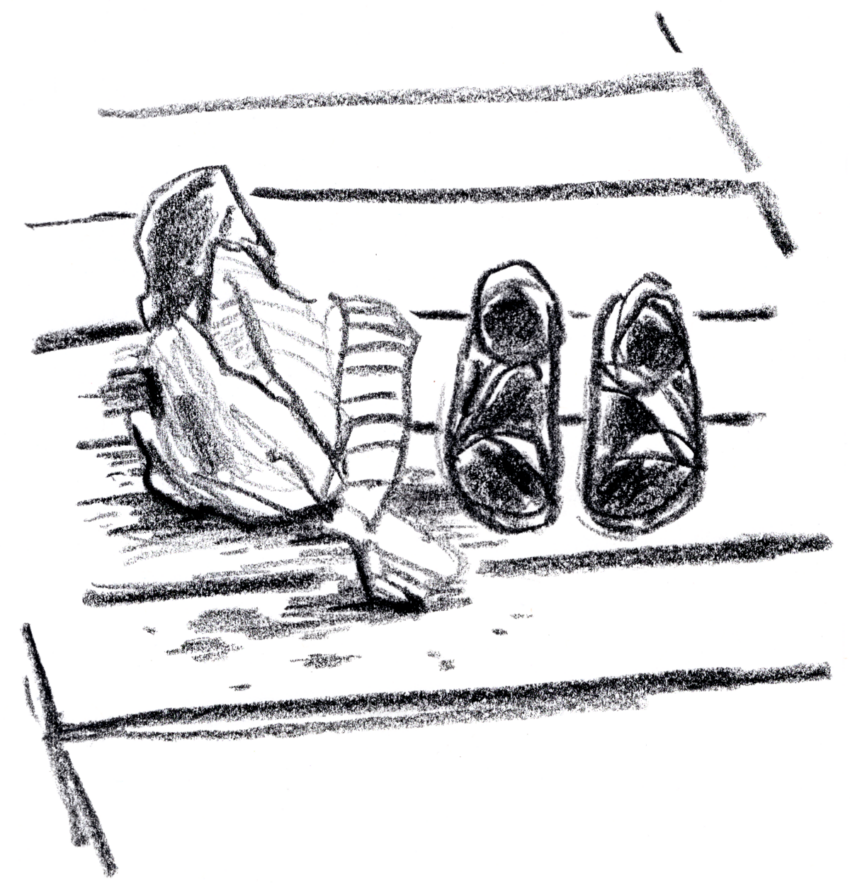 A black-and-white sketch of sandals and a jacket resting on a dock