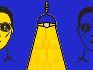 Blue and yellow illustration with two faces on either side of a hanging lamp