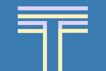 Graphic of overlapping letter Ts in pale yellow and lavender on a blue background