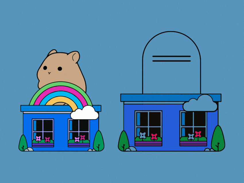 Graphic with a hamster atop one house and a gravestone atop another.
