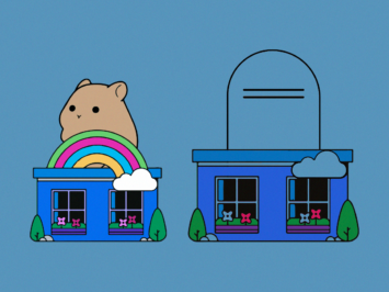 Graphic with a hamster atop one house and a gravestone atop another.