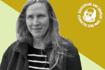 Portrait of Miriam Toews on a muted gold-and-yellow background split diagonally