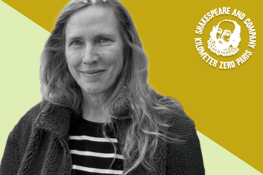 Portrait of Miriam Toews on a muted gold-and-yellow background split diagonally