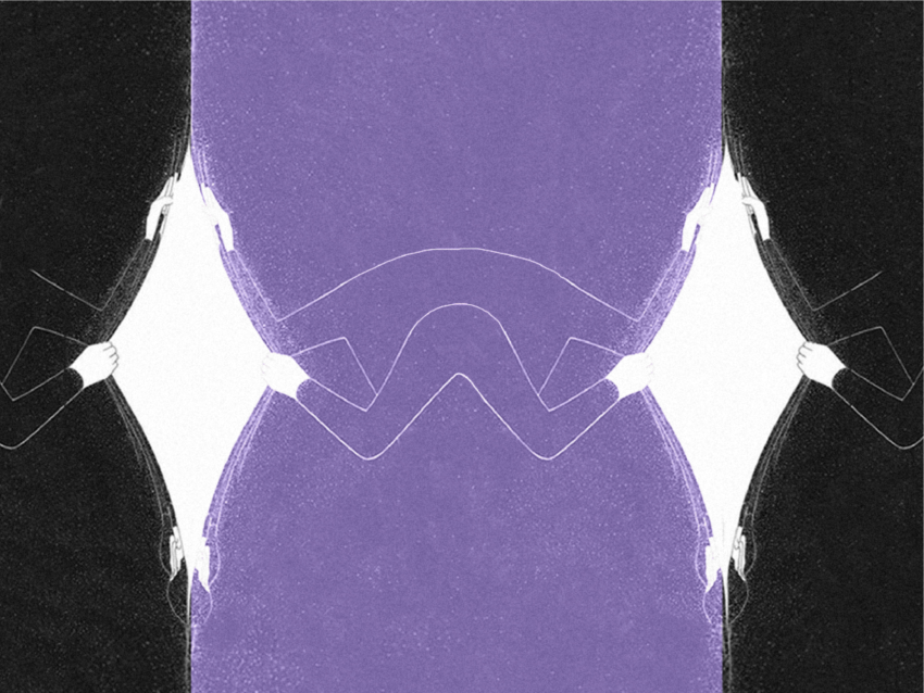 Graphic with alternating black and purple, and hands opening to a white space