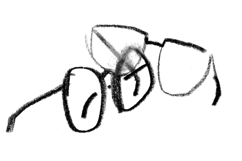 Black-and-white sketch of two pairs of glasses, one atop the other